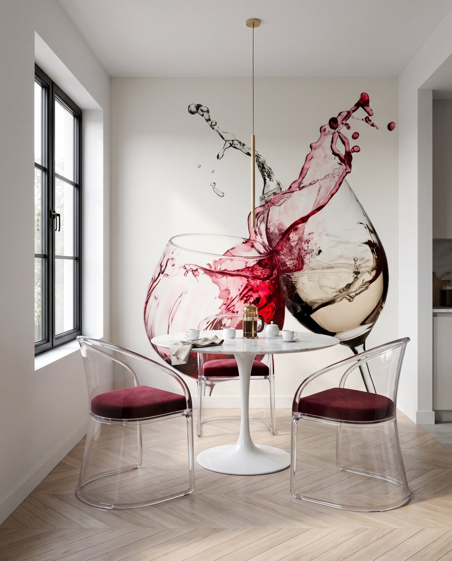 Wino pryska znad kieliszków we wnętrzu