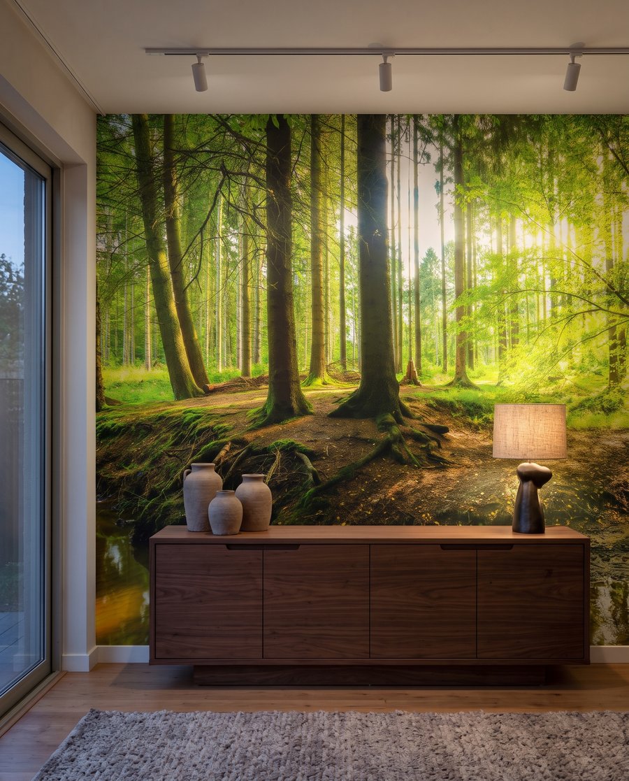 Słońce nad leśnym strumieniem we wnętrzu