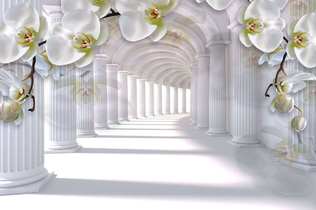 Orchidee nad białą kolumnadą — cały wzór