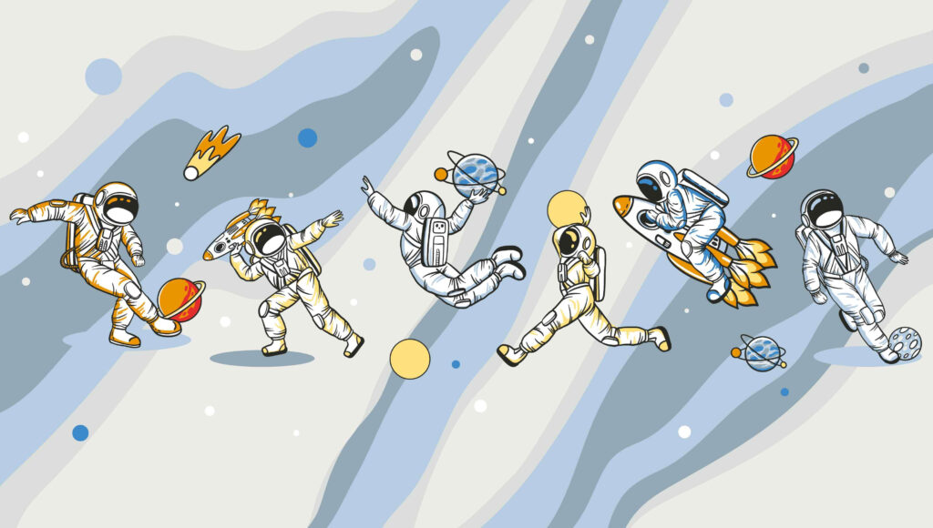 Astronauci wśród kolorowych pasów — cały wzór