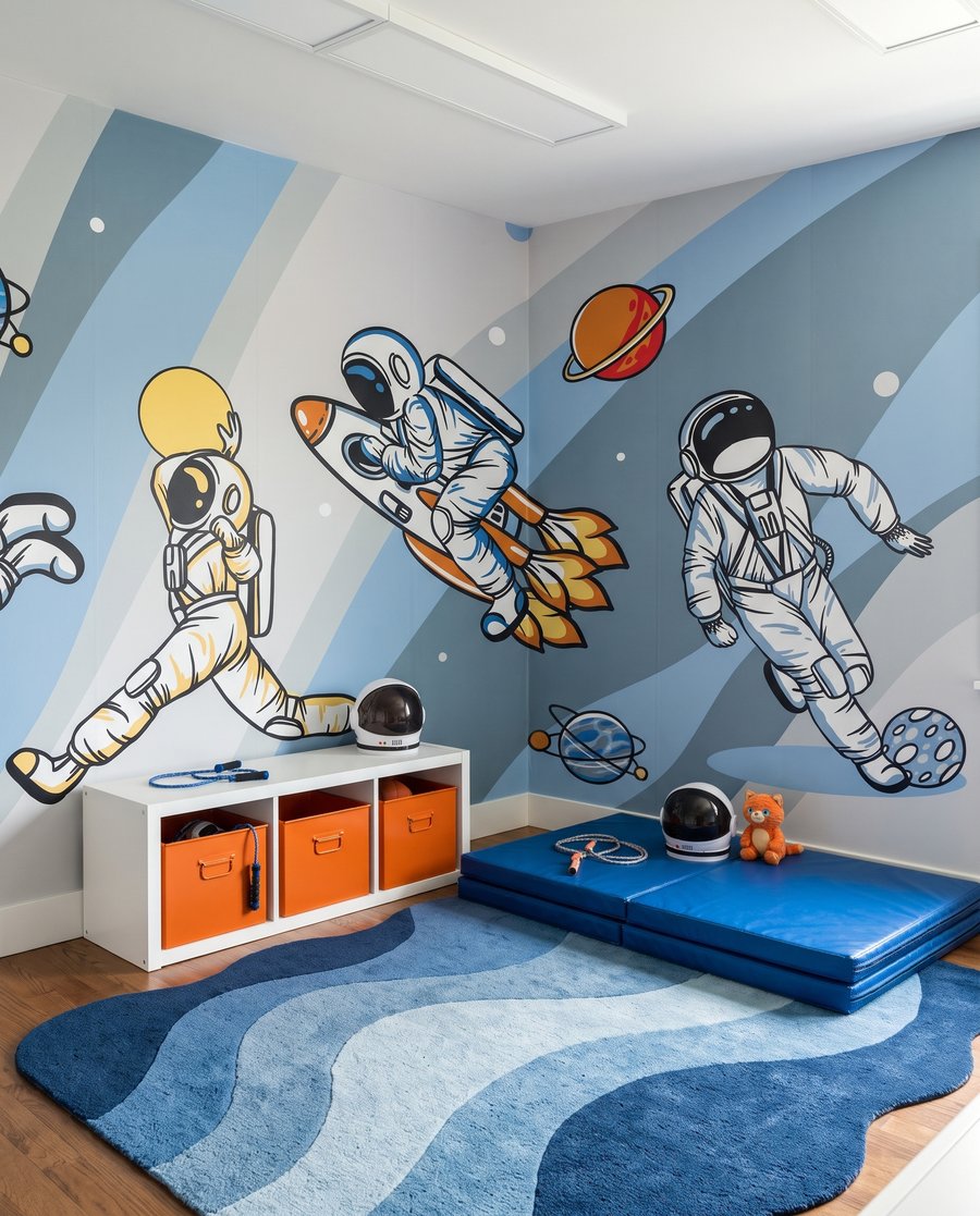 Astronauci wśród kolorowych pasów we wnętrzu