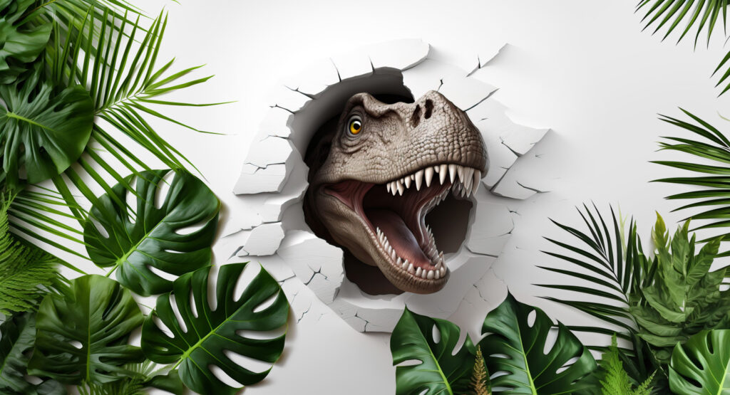 Dinozaur wśród liści — cały wzór