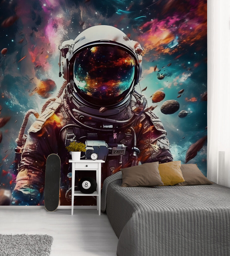 Astronauta w kolorowej mgławicy we wnętrzu