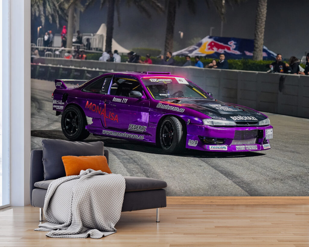 Fioletowa wyścigówka w driftcie — wnętrze 1