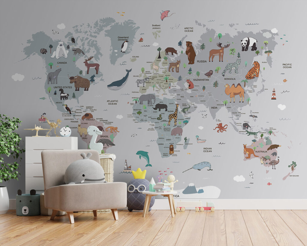 Mapa świata ze zwierzętami we wnętrzu