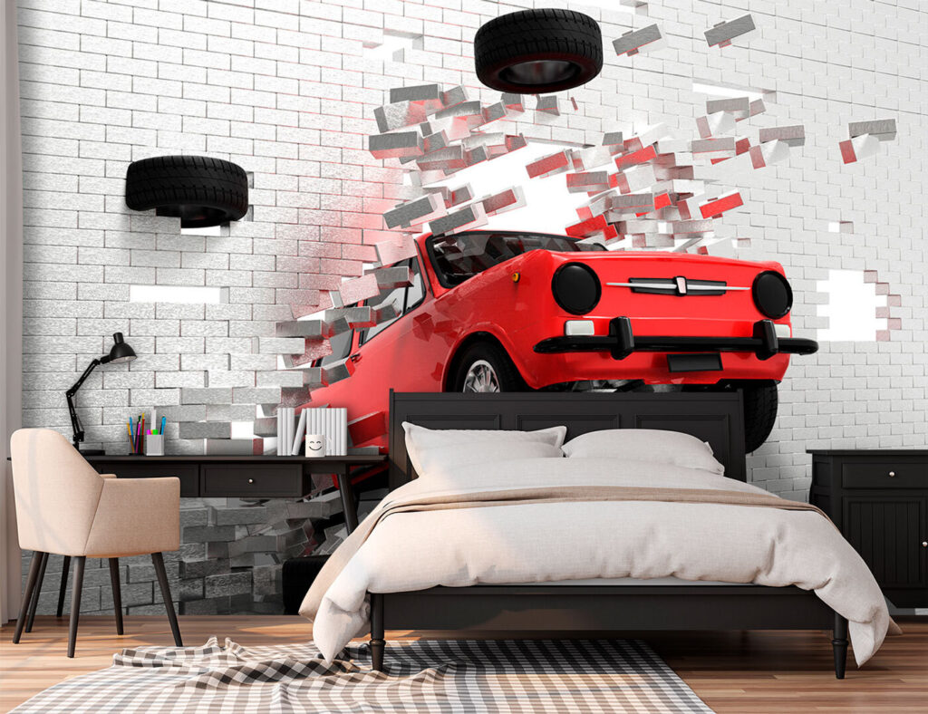 Czerwone auto z muru — wnętrze 3
