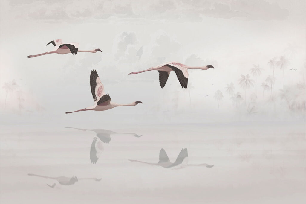 Flamingi nad bladą wodą — cały wzór