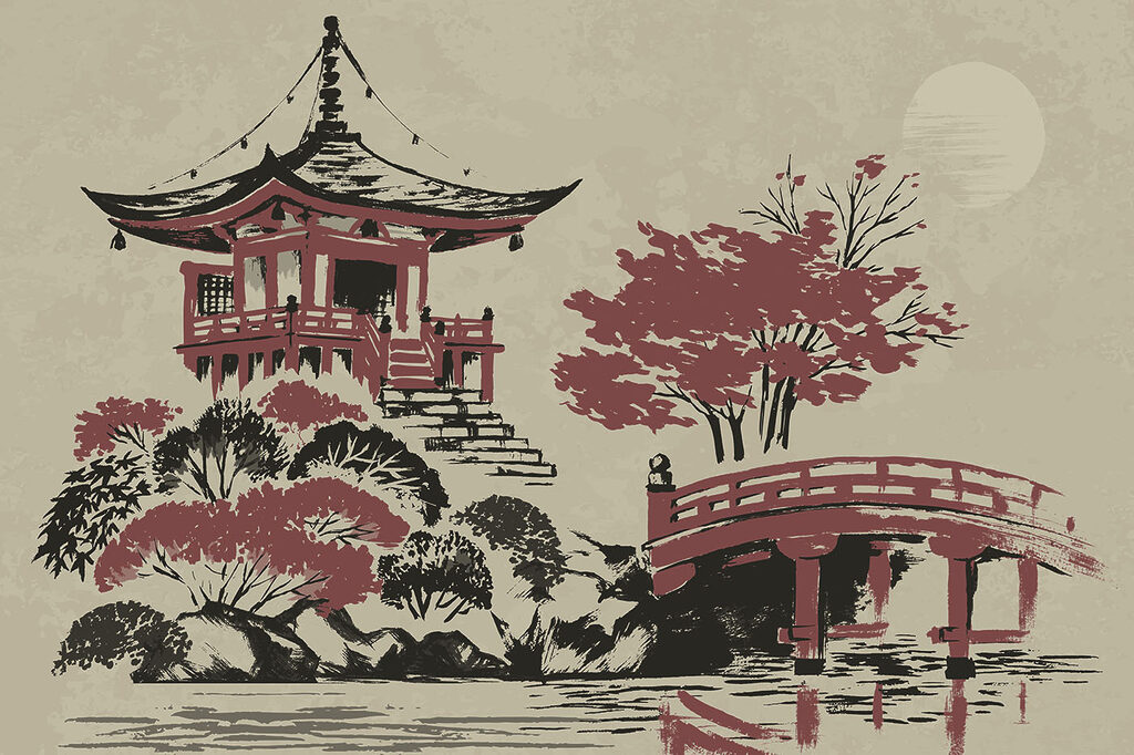Pagoda i czerwony most — cały wzór