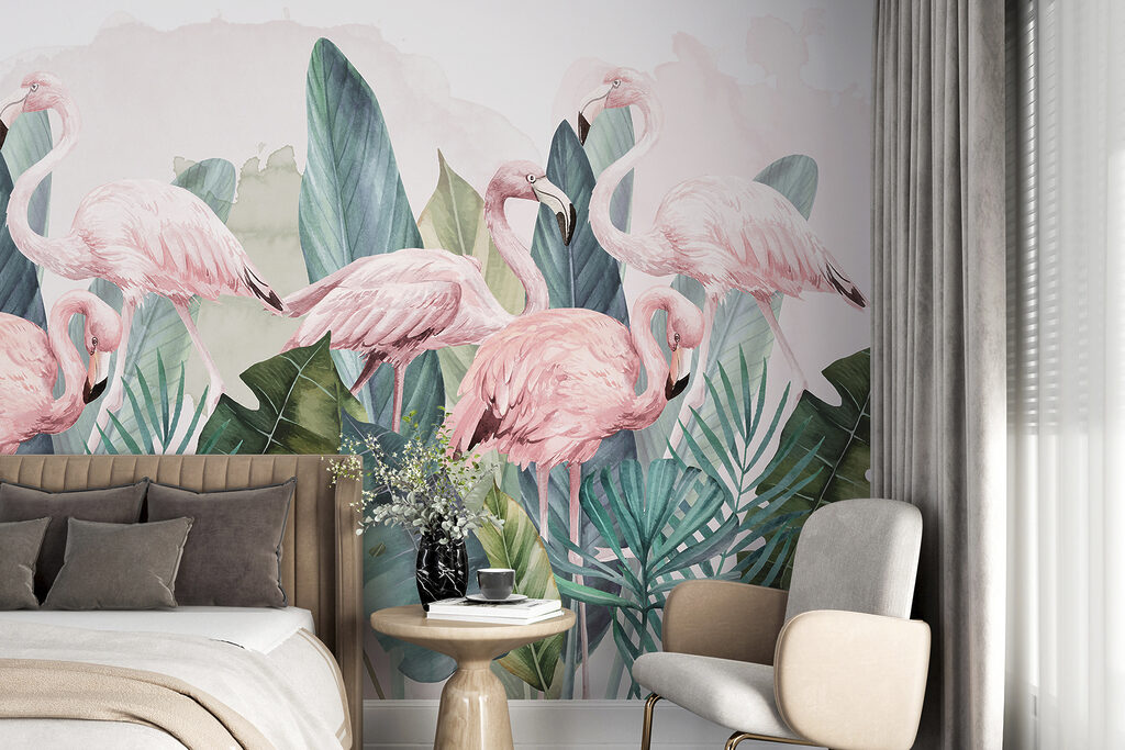 Flamingi pod palmowymi liśćmi — wnętrze 1