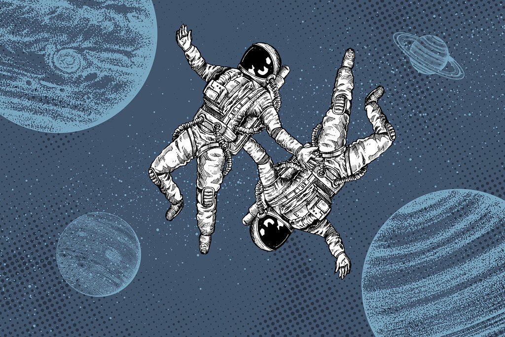 Dwaj astronauci wśród planet — cały wzór