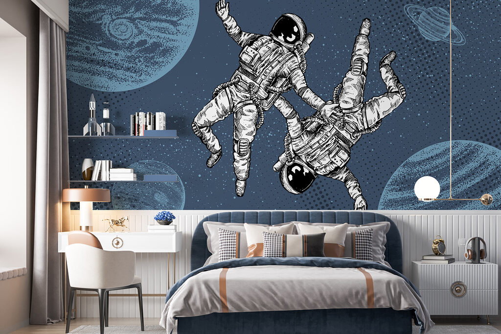 Dwaj astronauci wśród planet we wnętrzu