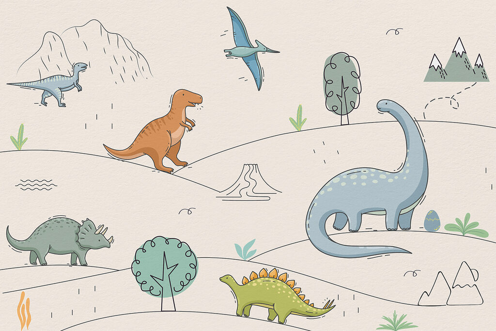 Dinozaury w cienkich konturach — cały wzór
