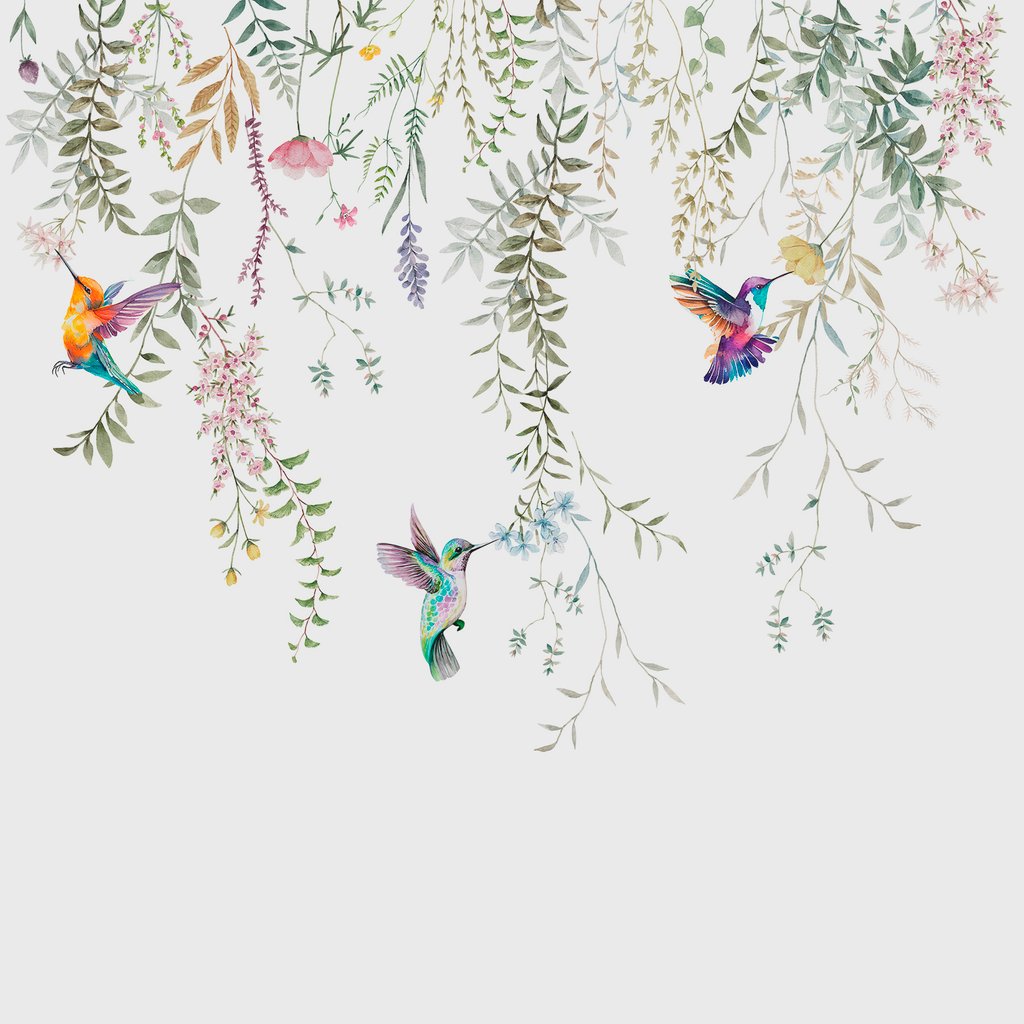 Kolibry pod girlandami kwiatów — cały wzór