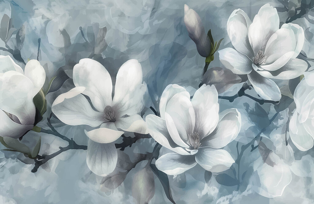 Biała magnolia na błękitach — cały wzór