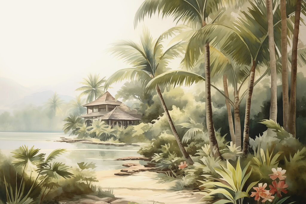 Drewniany domek pod palmami — cały wzór
