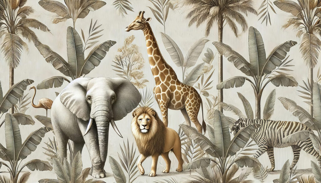 Zwierzęta safari wśród palm — cały wzór