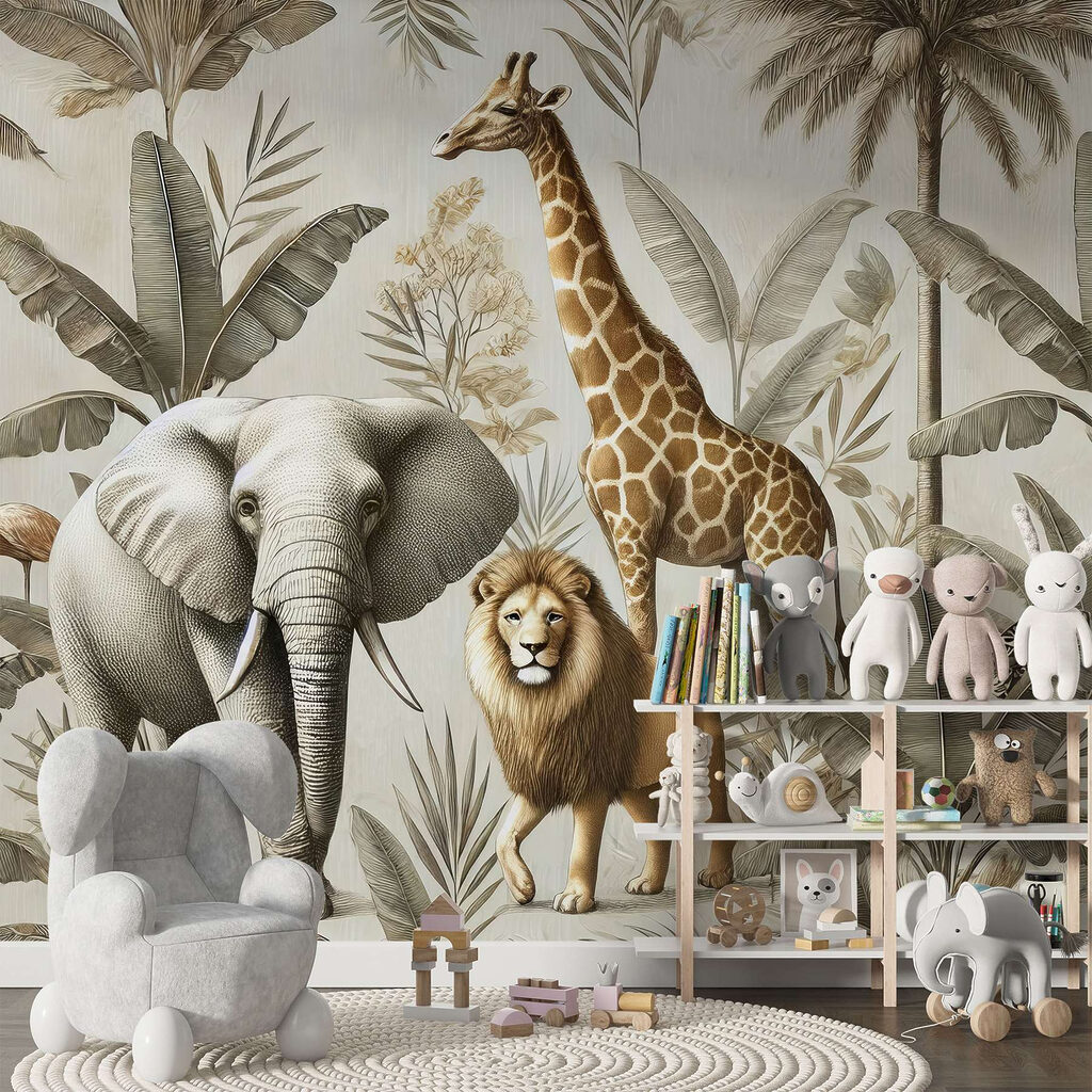Zwierzęta safari wśród palm we wnętrzu
