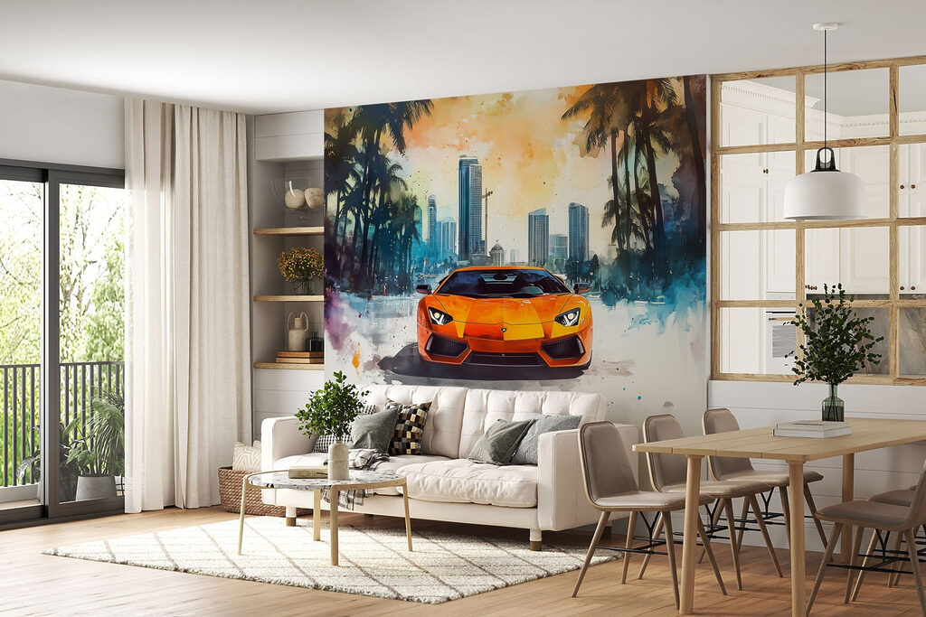 Pomarańczowe auto pod palmami — wnętrze 2