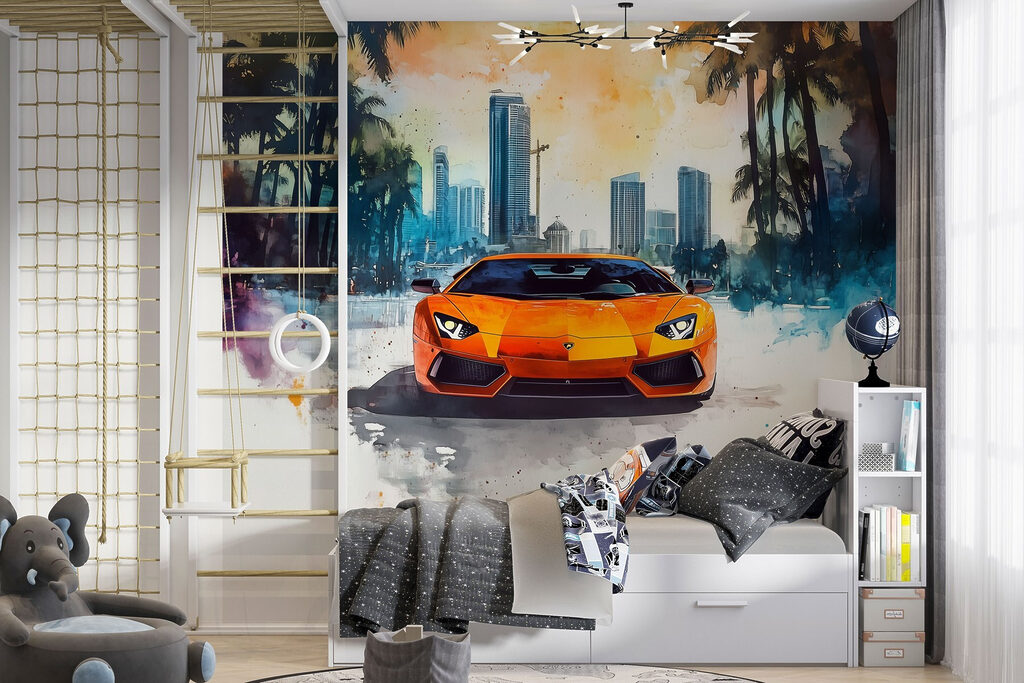 Pomarańczowe auto pod palmami — wnętrze 3