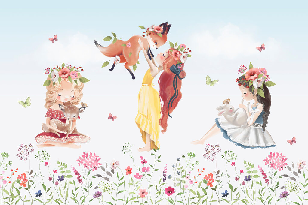 Dziewczynki nad kwietną łąką — cały wzór