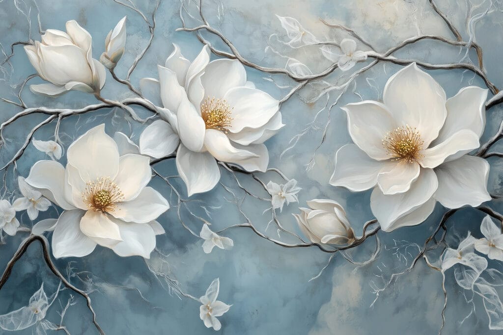Magnolia na zmatowiałym błękicie — cały wzór