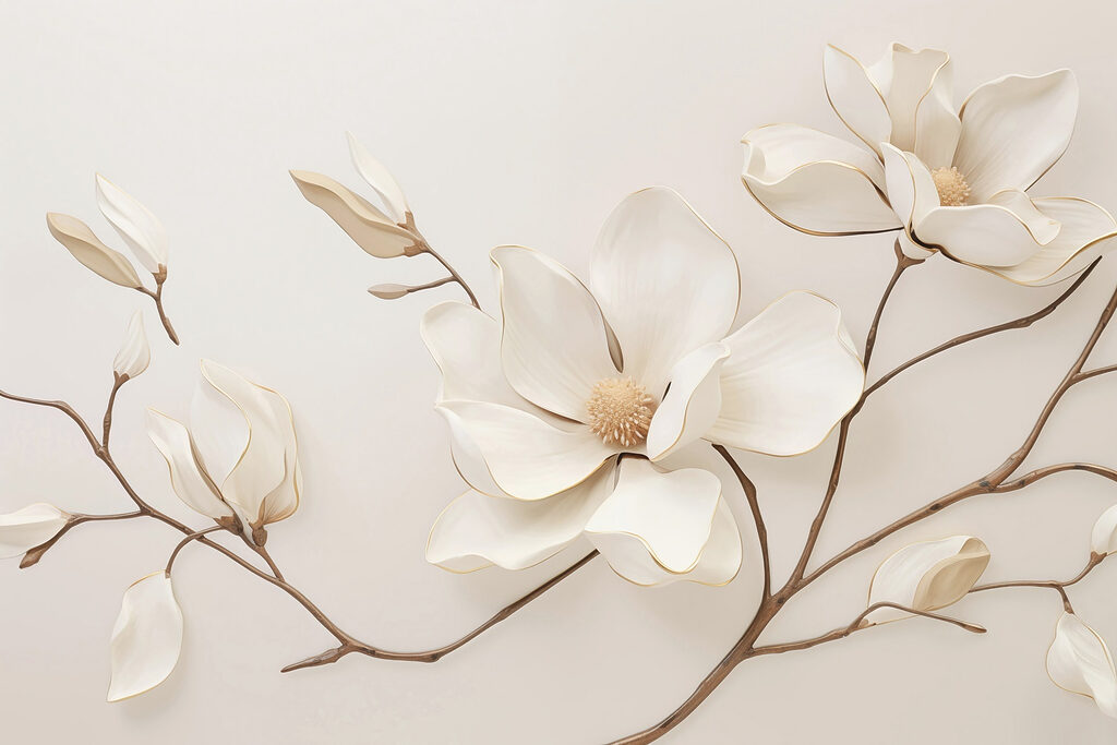 Biała magnolia na gałązkach — cały wzór