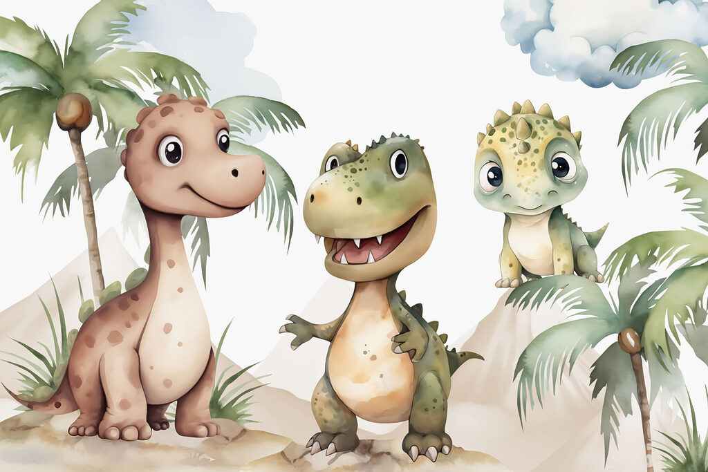 Trzy dinozaury pod palmami — cały wzór