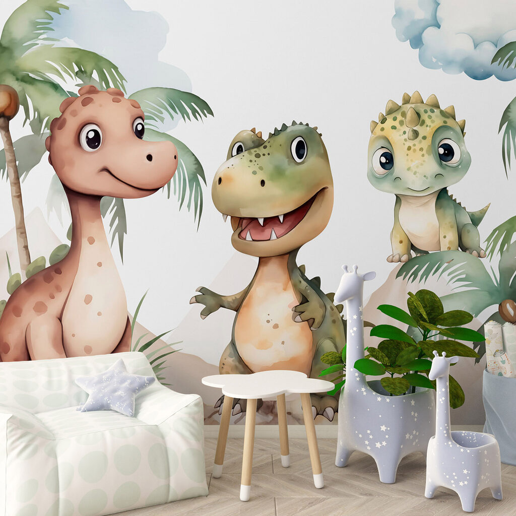 Trzy dinozaury pod palmami we wnętrzu
