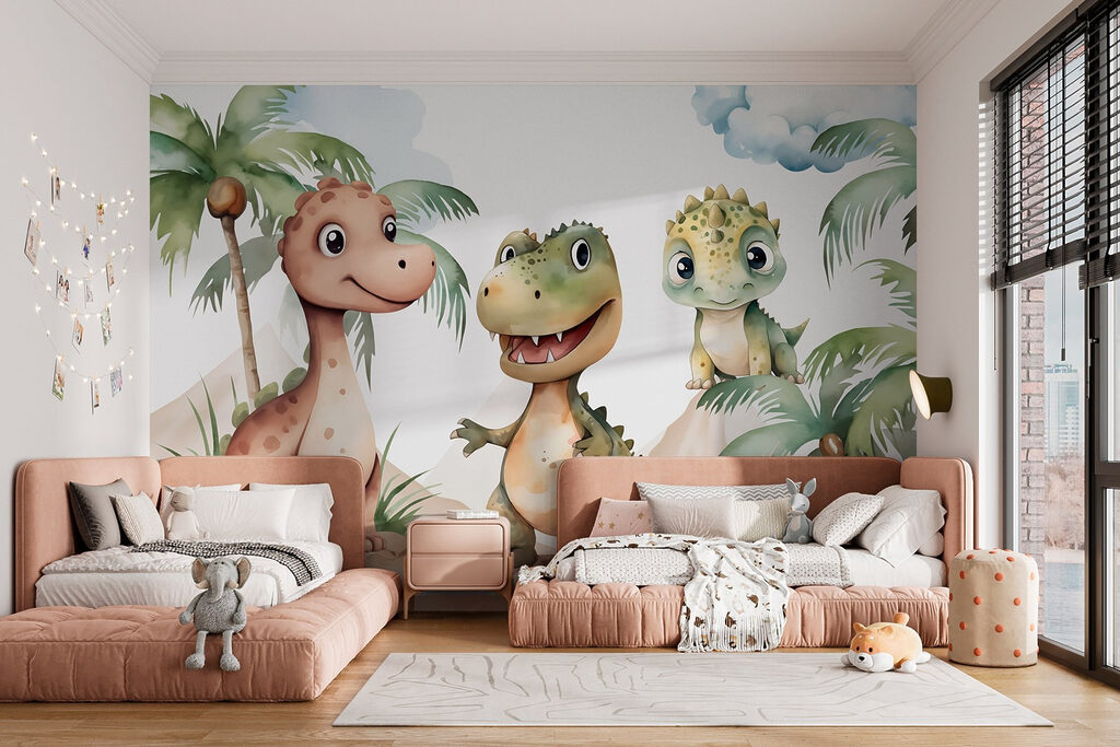 Trzy dinozaury pod palmami — wnętrze 2