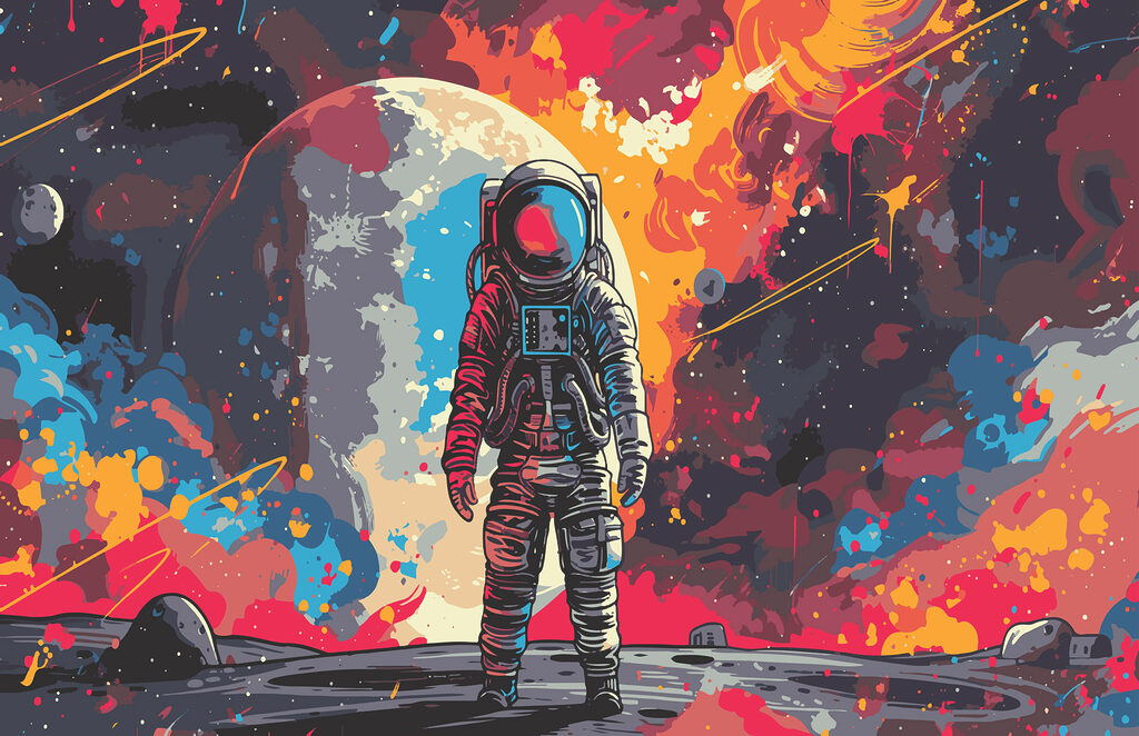 Astronauta wśród kolorowych plam — cały wzór