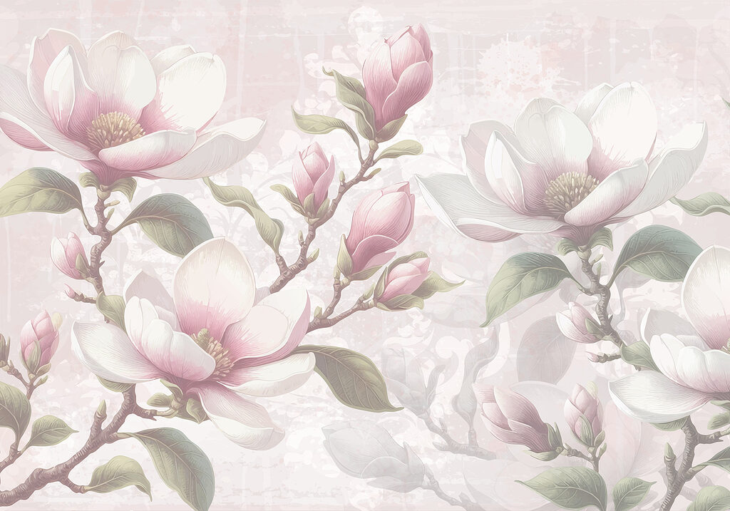 Różowa magnolia na szarości — cały wzór