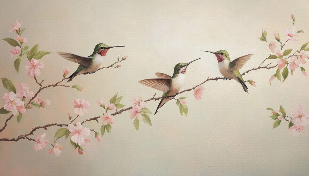 Kolibry nad kwitnącymi gałęziami — cały wzór