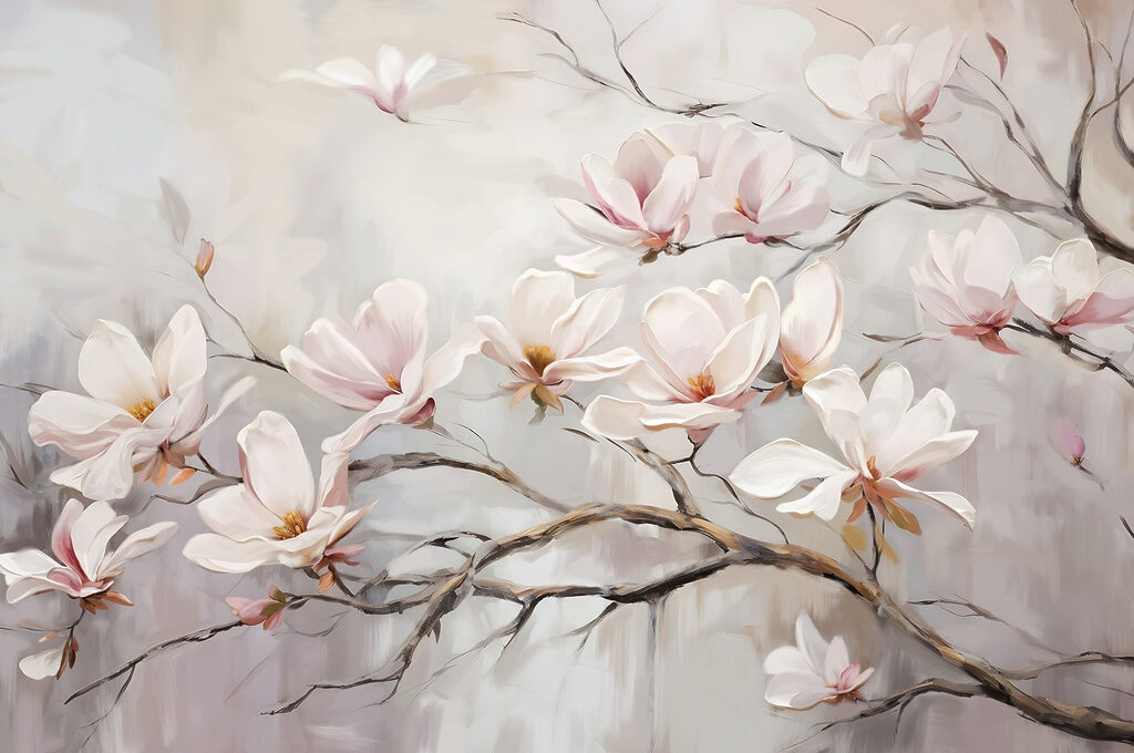 Gałąź magnolii na ścianie — cały wzór