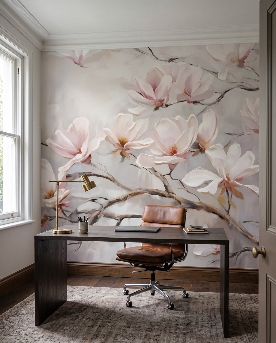 Gałąź magnolii na ścianie we wnętrzu